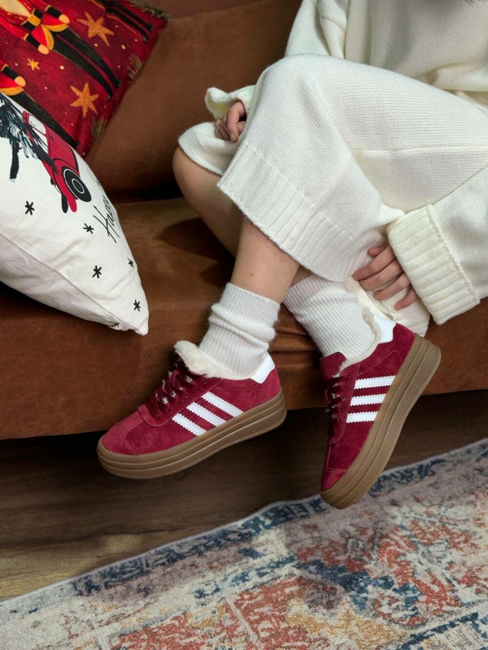 Кеди "три полоси" на високій підошві, ХУТРО, К0524 вишня, 38