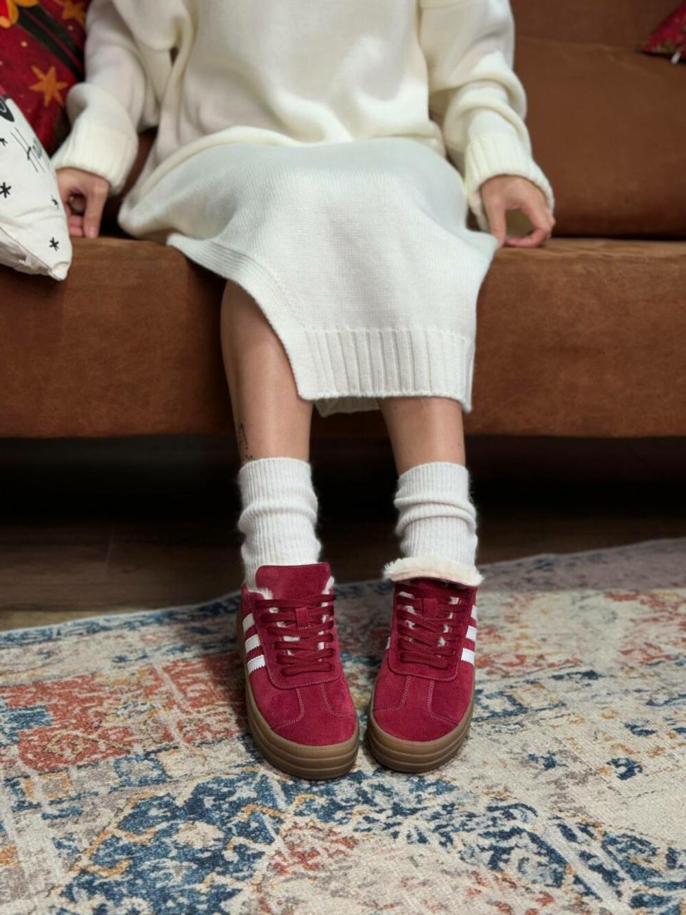 Кеди "три полоси" на високій підошві, ХУТРО, К0524 вишня, 36