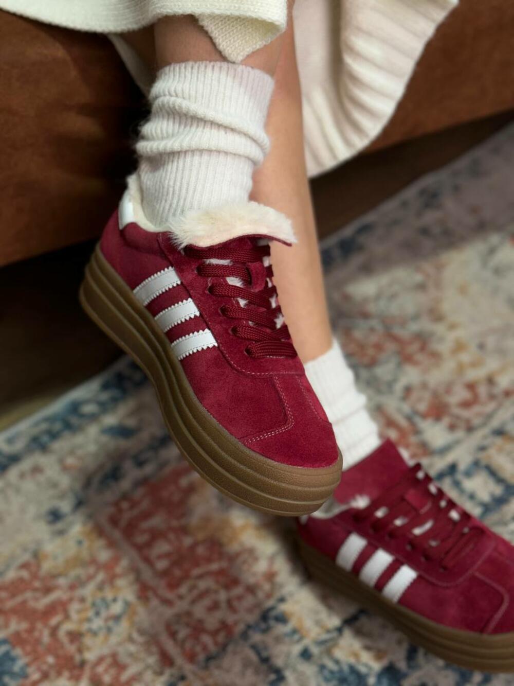 Кеди "три полоси" на високій підошві, ХУТРО, К0524 вишня, 36