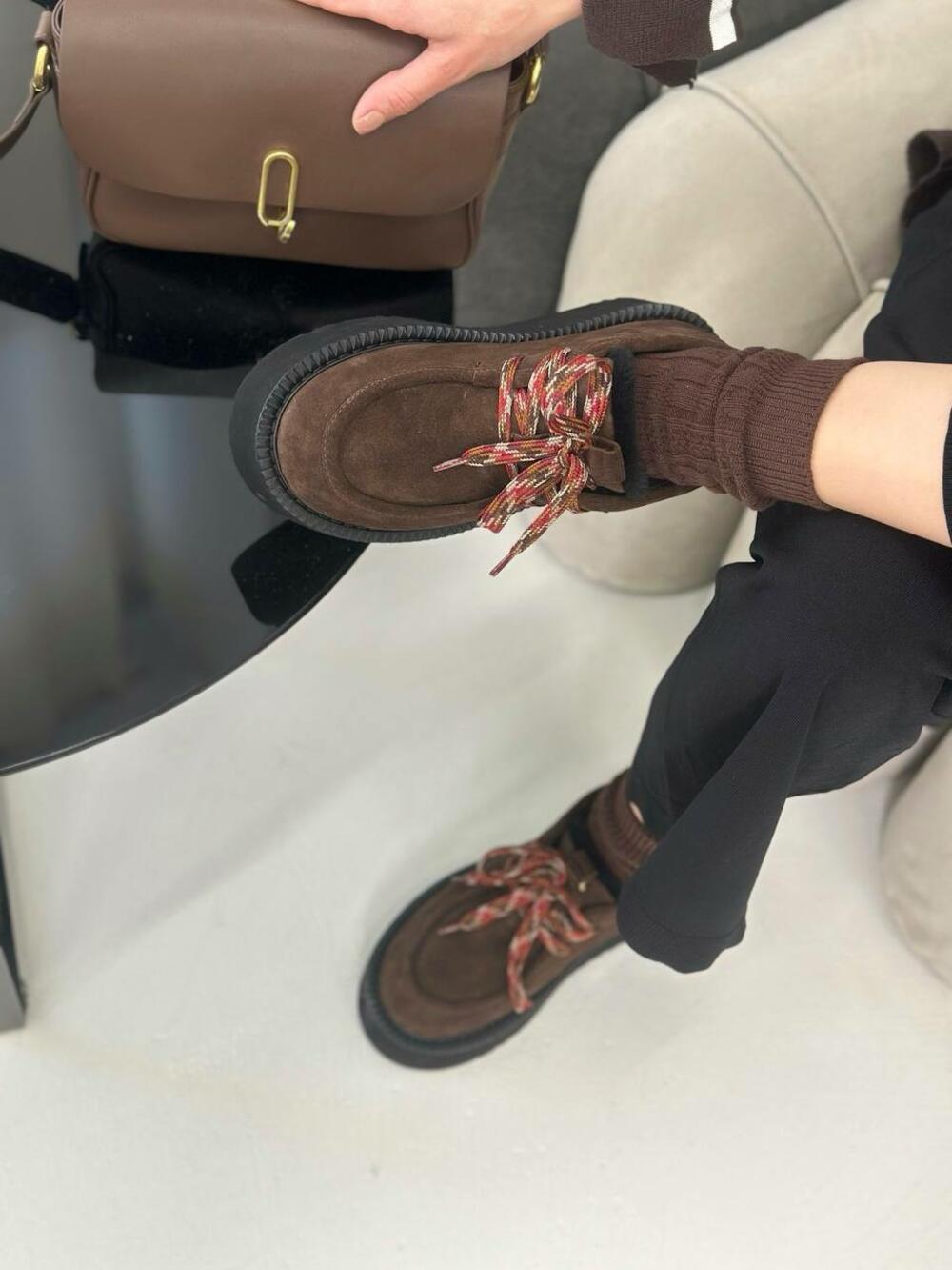 Лофери з кольоровою шнурівкою, ХУТРО, К-15-Юга Шоколад, 37