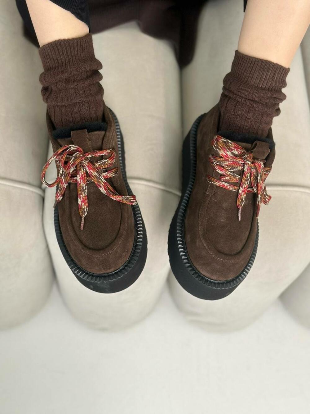 Лофери з кольоровою шнурівкою, ХУТРО, К-15-Юга Шоколад, 37