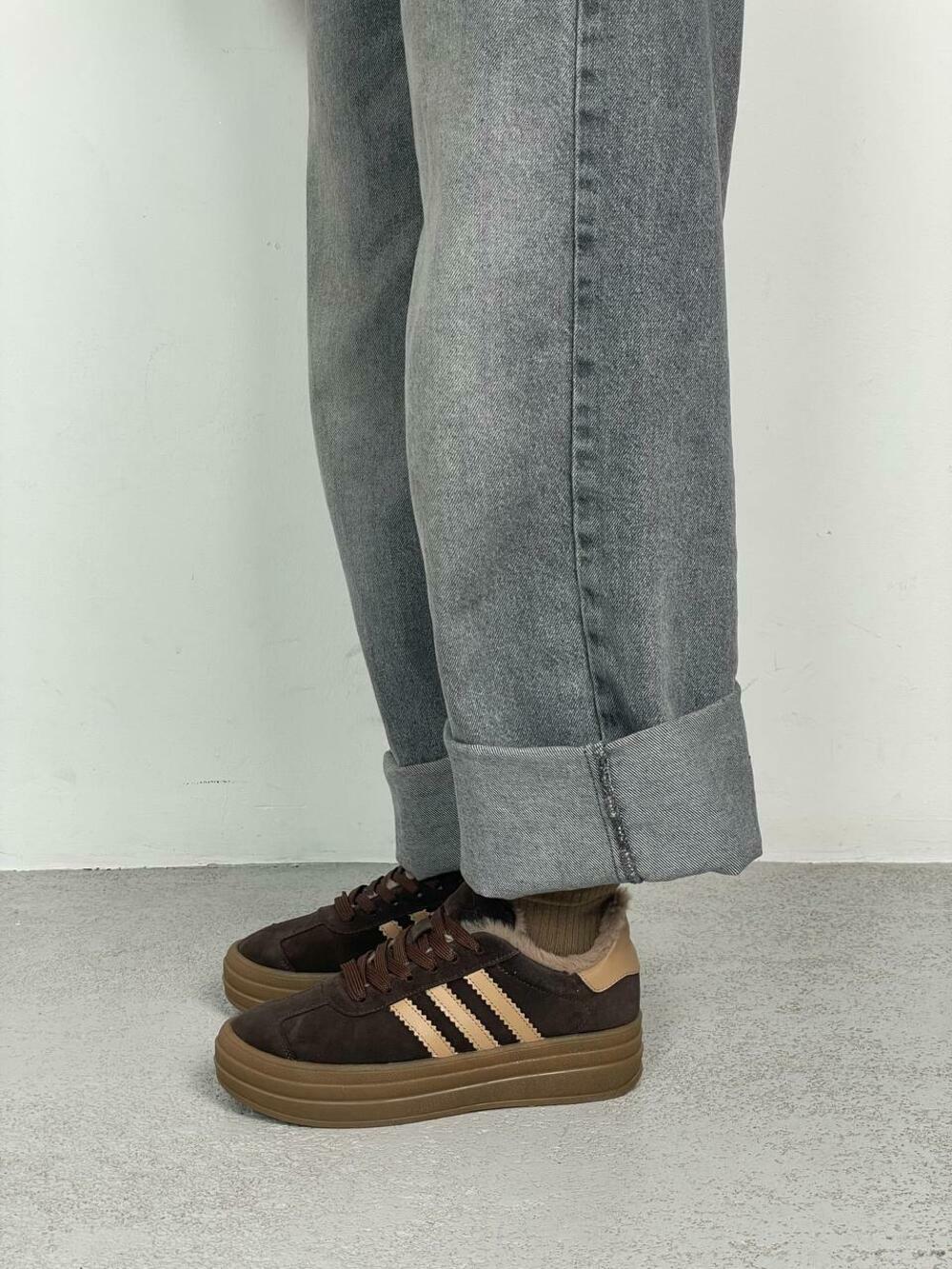 Кеди "три полоси" на високій підошві, ХУТРО, К0524 Шоколад, 40