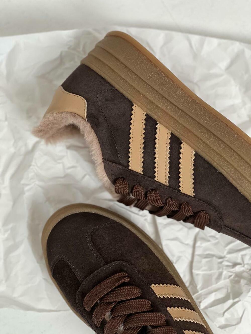 Кеди "три полоси" на високій підошві, ХУТРО, К0524 Шоколад, 40