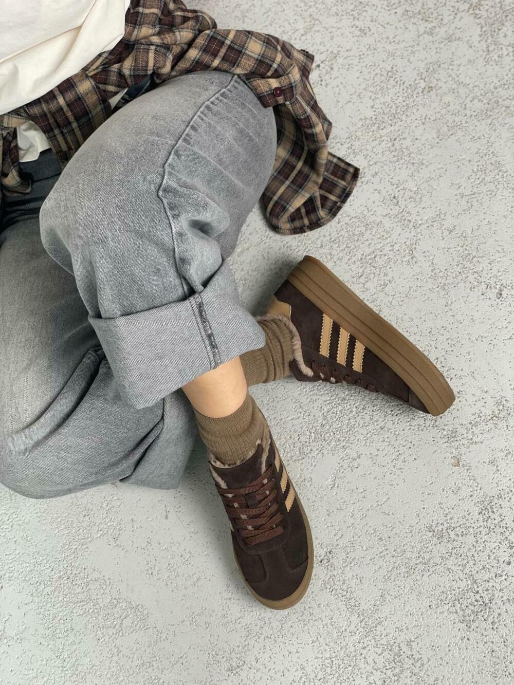 Кеди "три полоси" на високій підошві, ХУТРО, К0524 Шоколад, 40