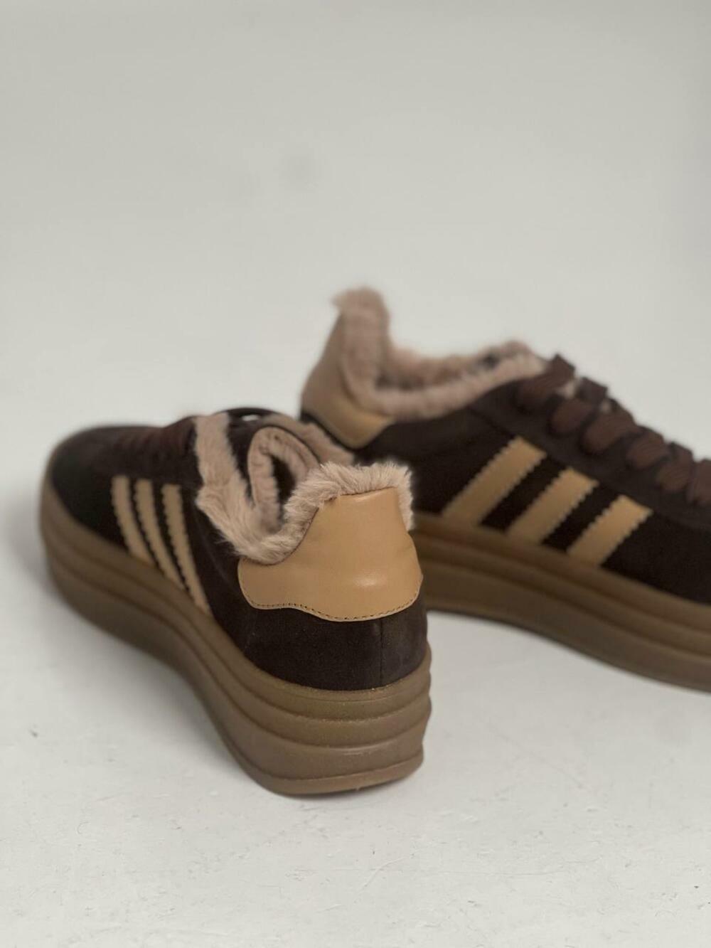 Кеди "три полоси" на високій підошві, ХУТРО, К0524 Шоколад, 40