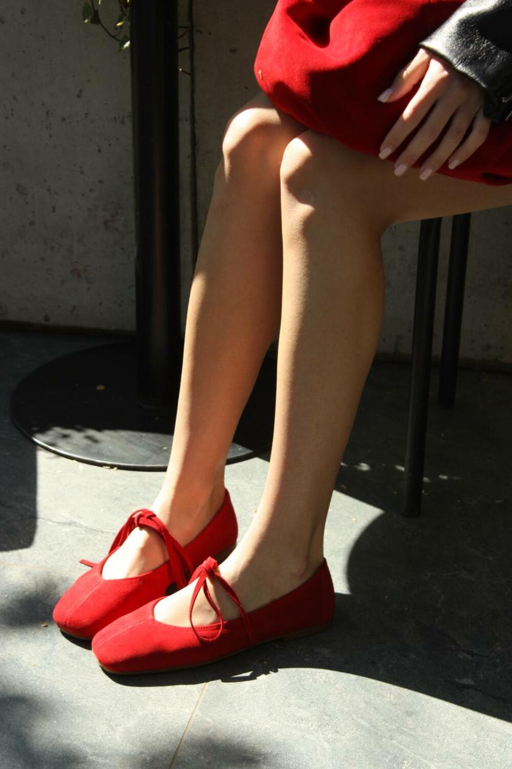 Балетки з квадратним носиком та зав'язками, ЗАМША, 4035 червоний, 41