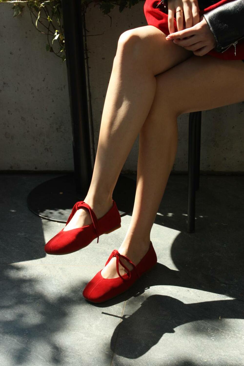 Балетки з квадратним носиком та зав'язками, ЗАМША, 4035 червоний, 37