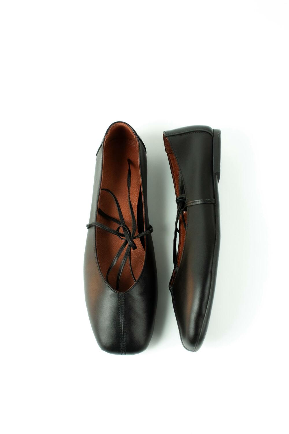 Балетки з квадратним носиком та зав'язками, ШКІРА, 4035 чорний, 40