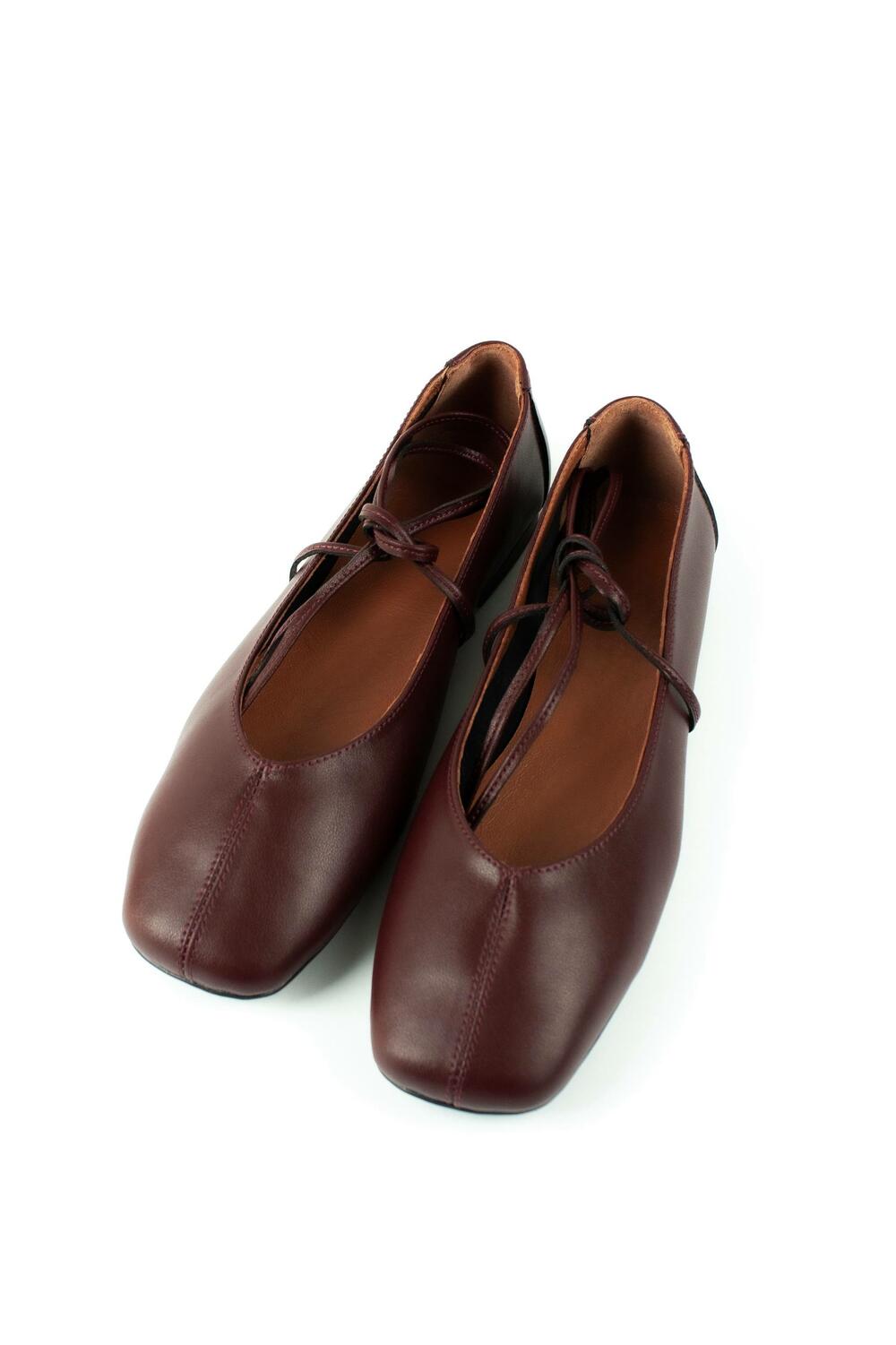 Балетки з квадратним носиком та зав'язками, ШКІРА, 4035 бордо, 40