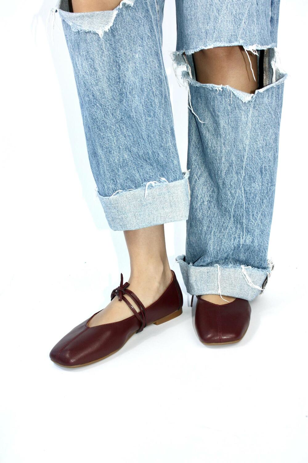 Балетки з квадратним носиком та зав'язками, ШКІРА, 4035 бордо, 40