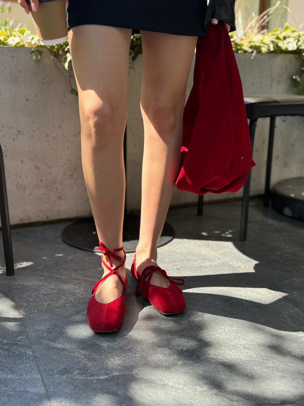 Балетки з квадратним носиком та зав'язками, ЗАМША, 4035 червоний, 40