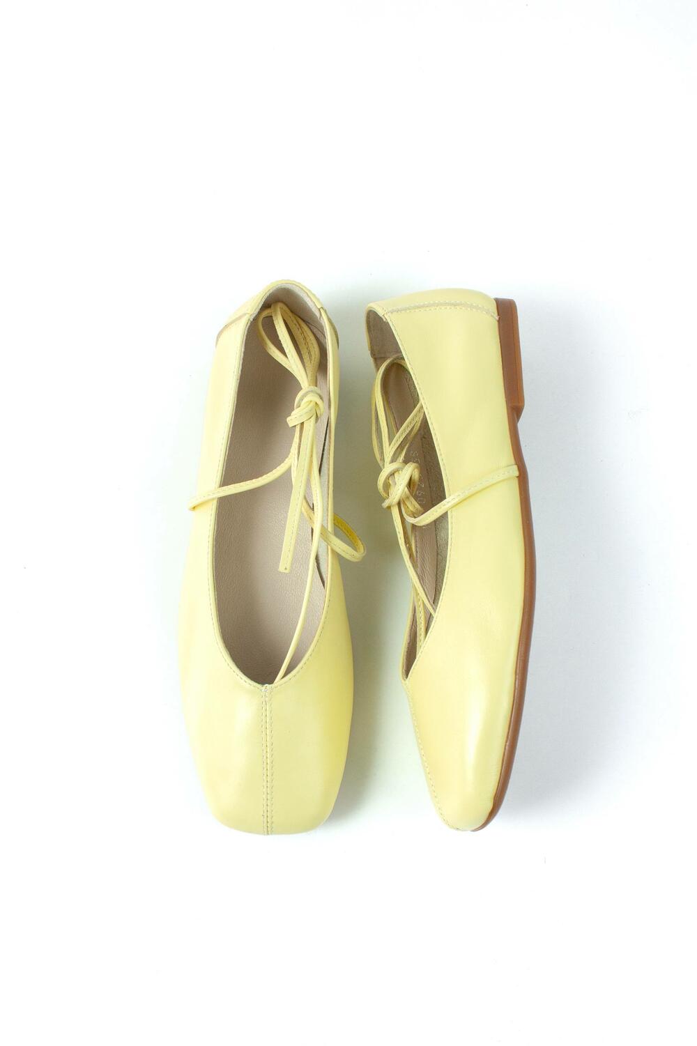 Балетки з квадратним носиком та зав'язками, ШКІРА, 4035 лимонний, 39