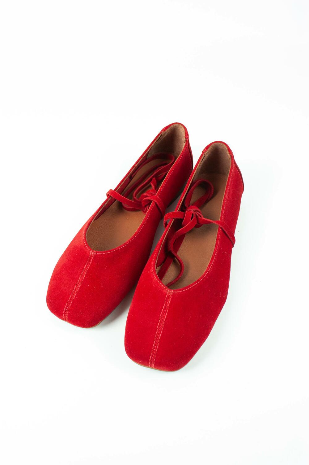 Балетки з квадратним носиком та зав'язками, ЗАМША, 4035 червоний, 37