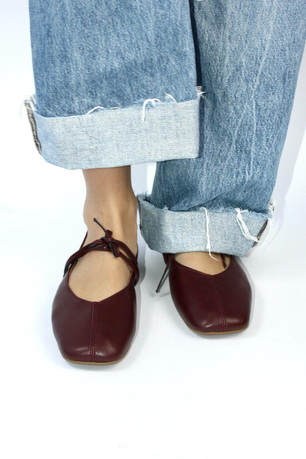 Балетки з квадратним носиком та зав'язками, ШКІРА, 4035 бордо, 40