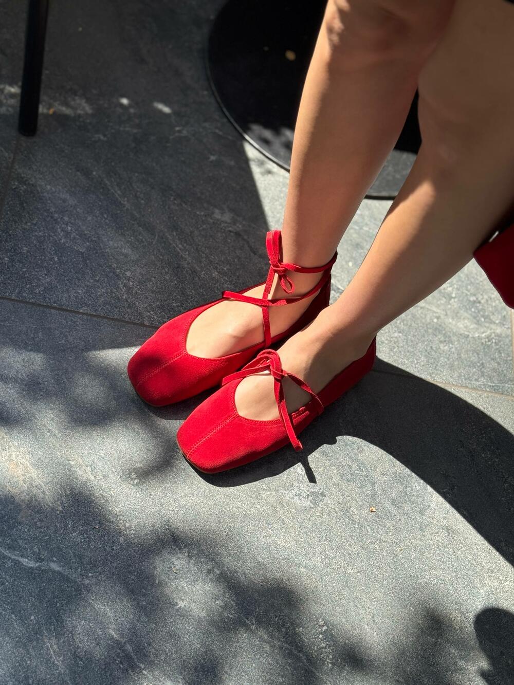 Балетки з квадратним носиком та зав'язками, ЗАМША, 4035 червоний, 40