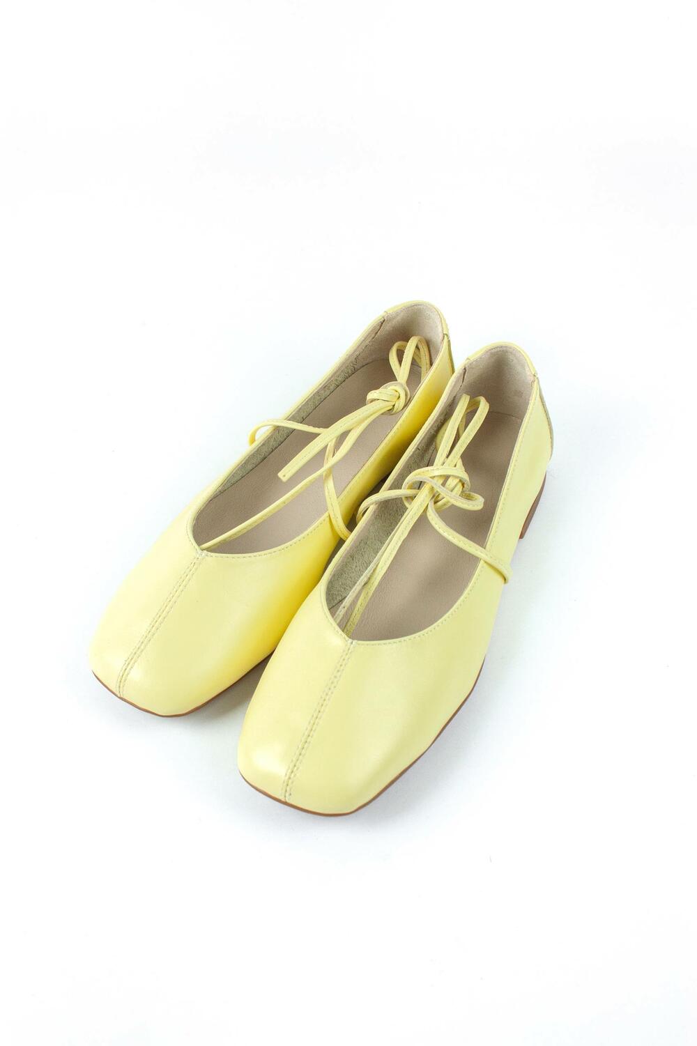 Балетки з квадратним носиком та зав'язками, ШКІРА, 4035 лимонний, 39