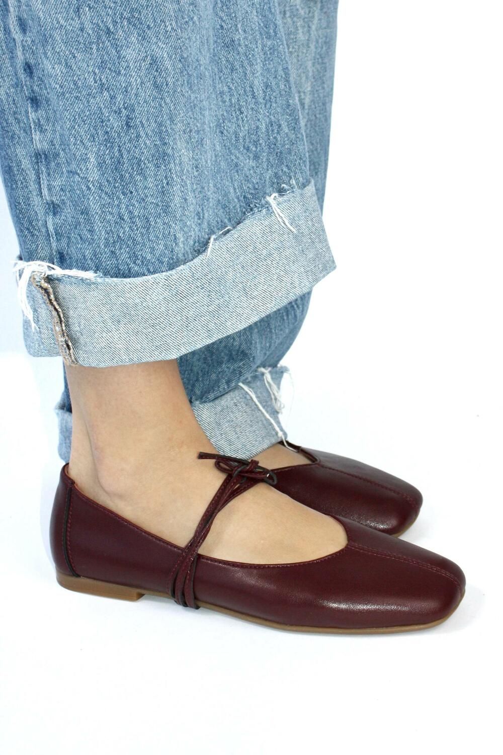 Балетки з квадратним носиком та зав'язками, ШКІРА, 4035 бордо, 40