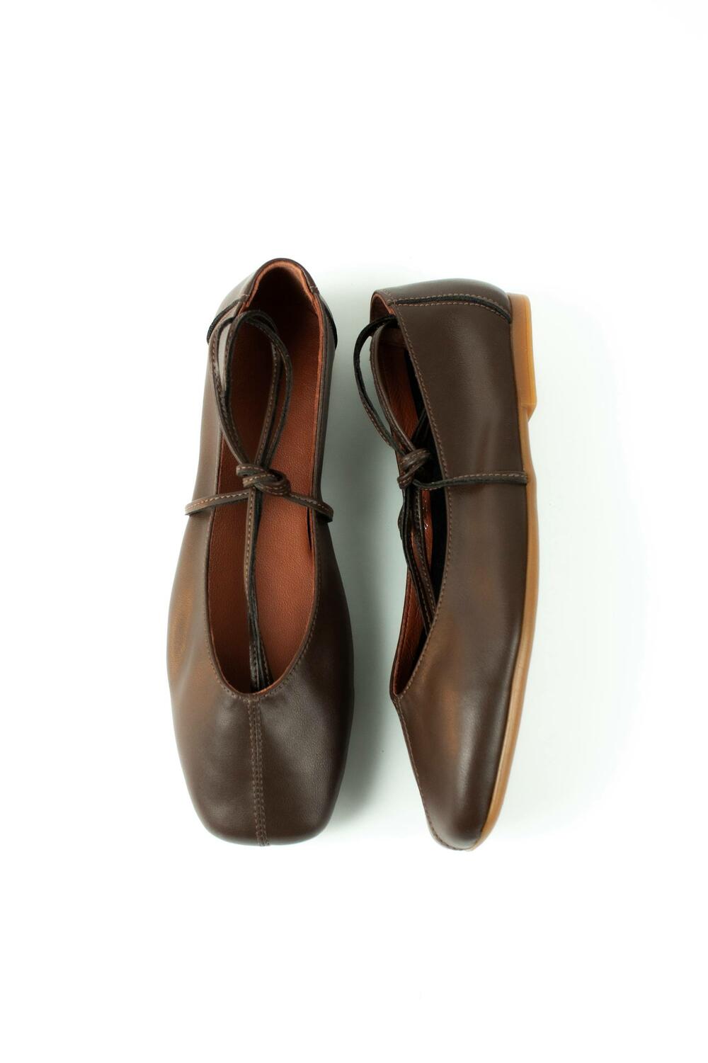 Балетки з квадратним носиком та зав'язками, ШКІРА, 4035 коричневий, 37