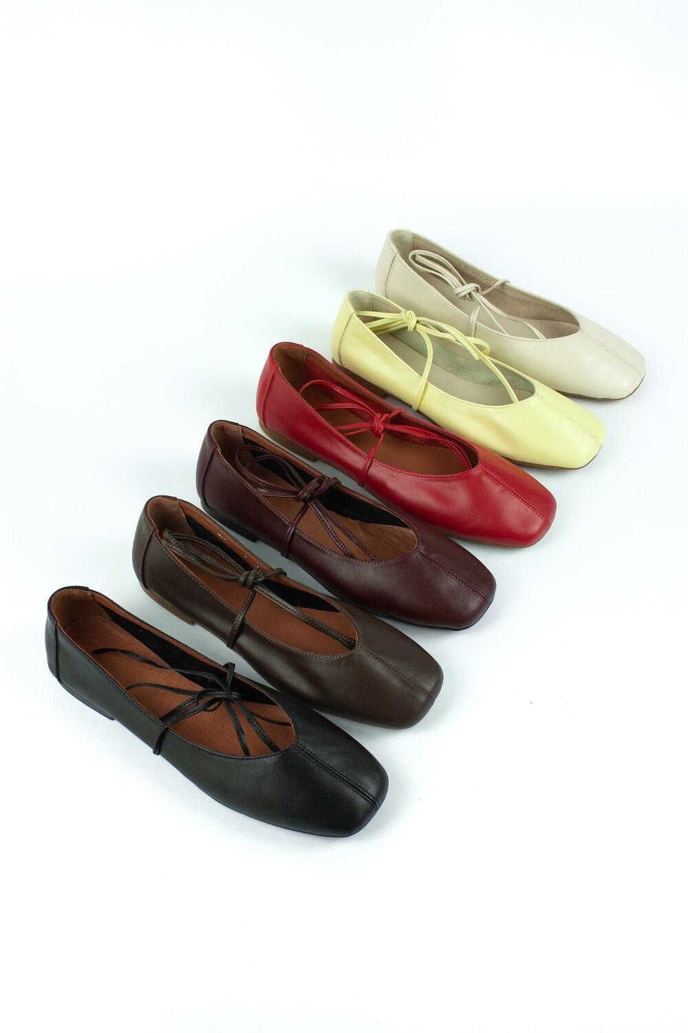 Балетки з квадратним носиком та зав'язками, ШКІРА, 4035 коричневий, 37