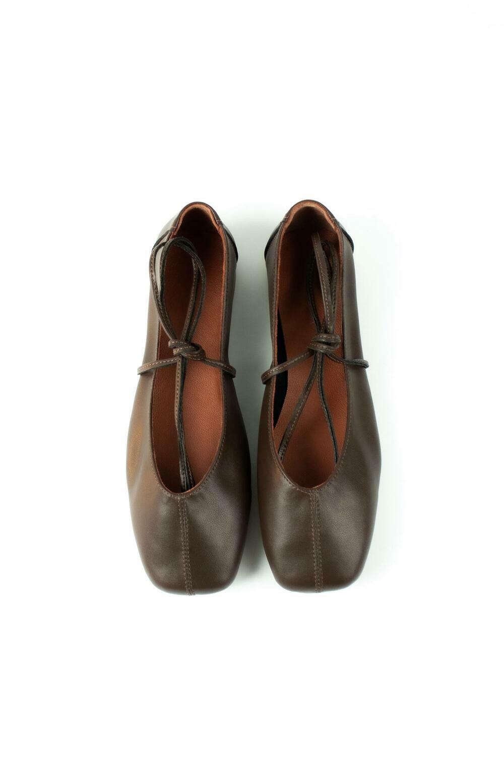 Балетки з квадратним носиком та зав'язками, ШКІРА, 4035 коричневий, 41