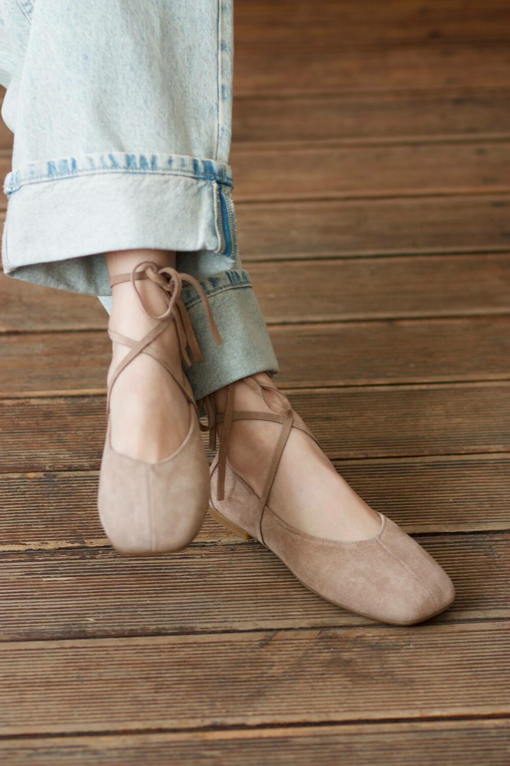 Балетки з квадратним носиком та зав'язками, ЗАМША, 4035 версаль кашемір, 41