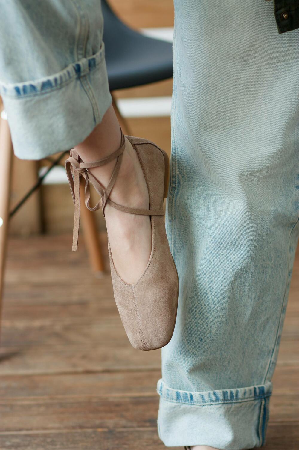 Балетки з квадратним носиком та зав'язками, ЗАМША, 4035 версаль кашемір, 41