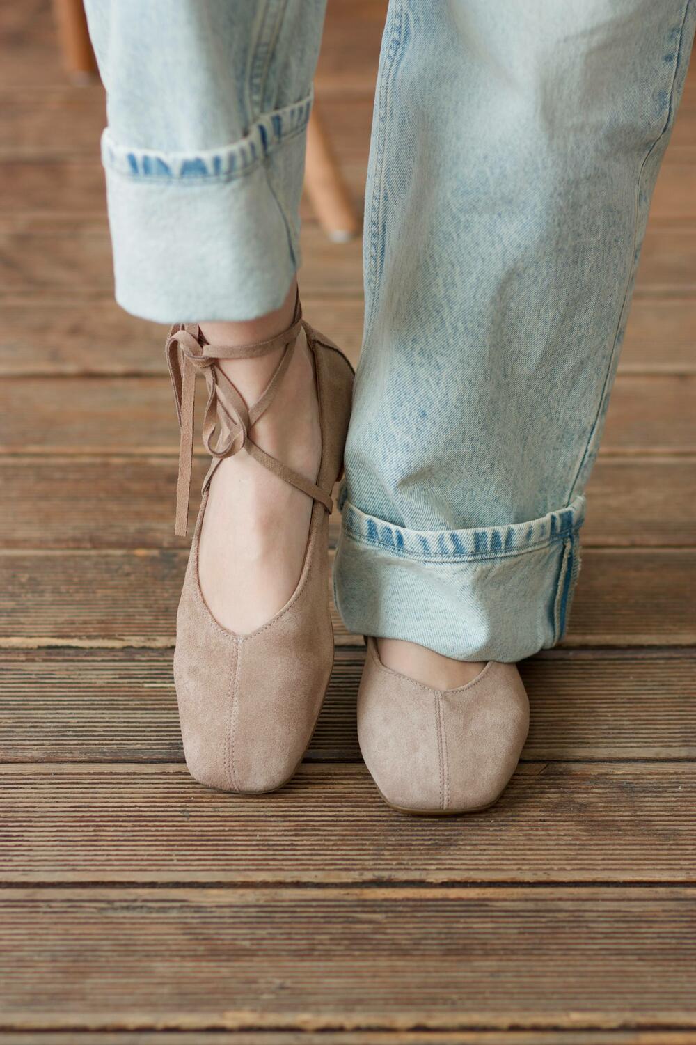 Балетки з квадратним носиком та зав'язками, ЗАМША, 4035 версаль кашемір, 41