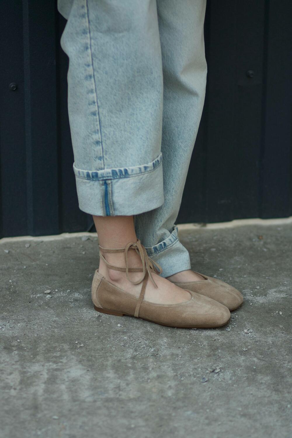 Балетки з квадратним носиком та зав'язками, ЗАМША, 4035 беж, 40