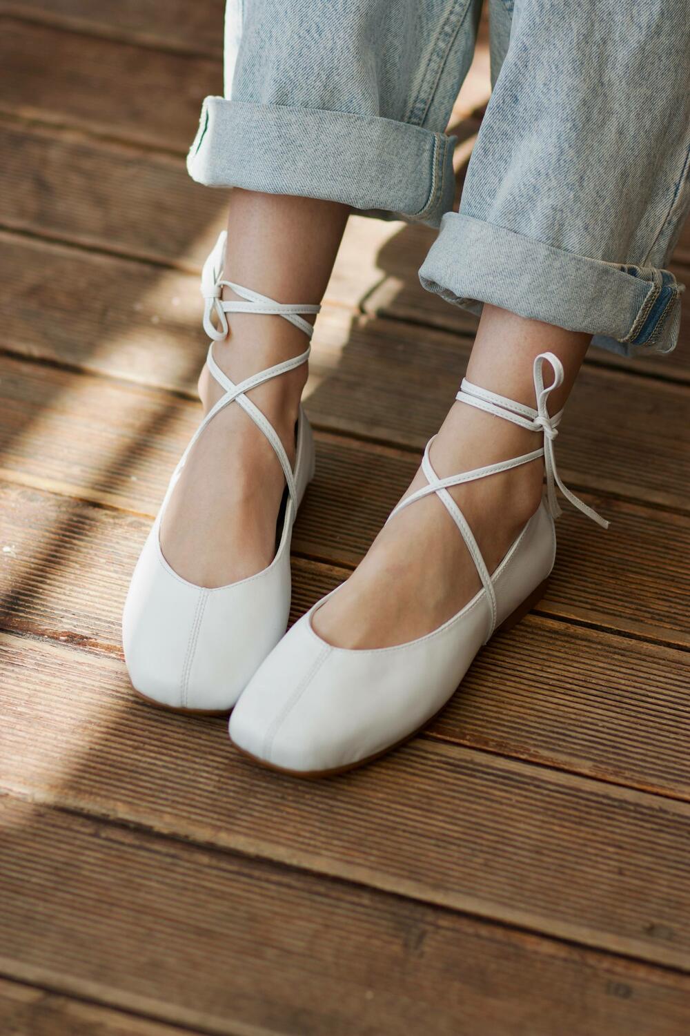 Балетки з квадратним носиком та зав'язками, ШКІРА, 4035 