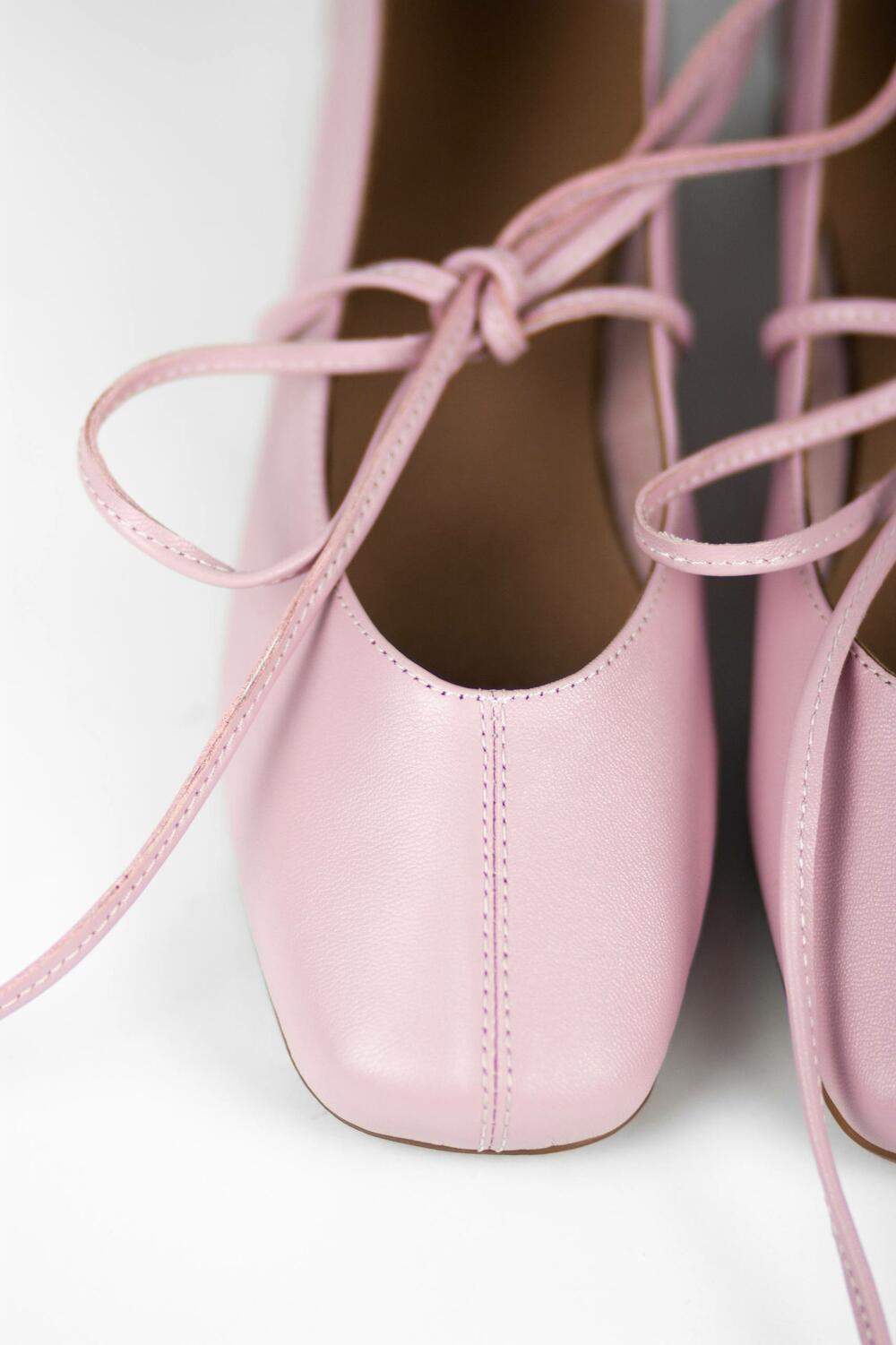 Балетки з квадратним носиком та зав'язками, ШКІРА, 4035 рожевий, 36